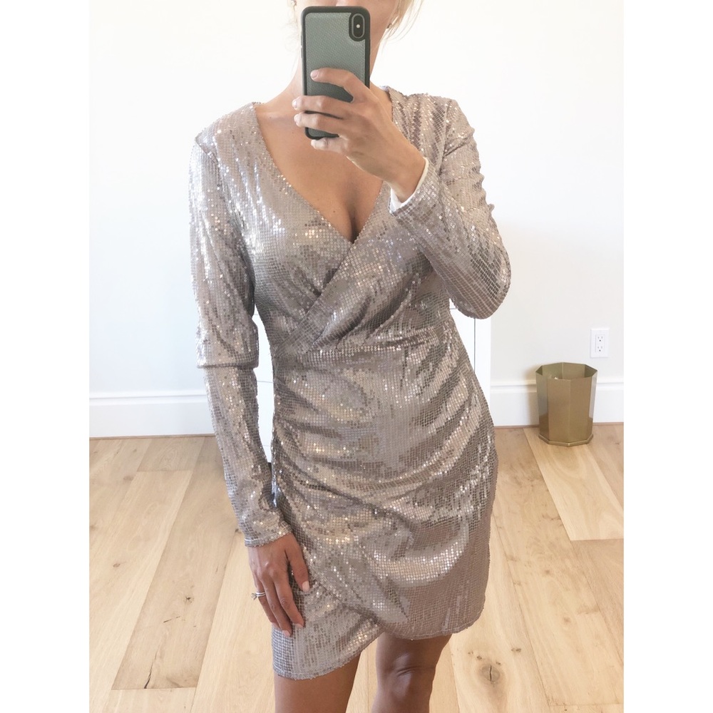 LAST 1! Silver Long Sleeve Sequin Surplice Dress S - Picture 2 of 8